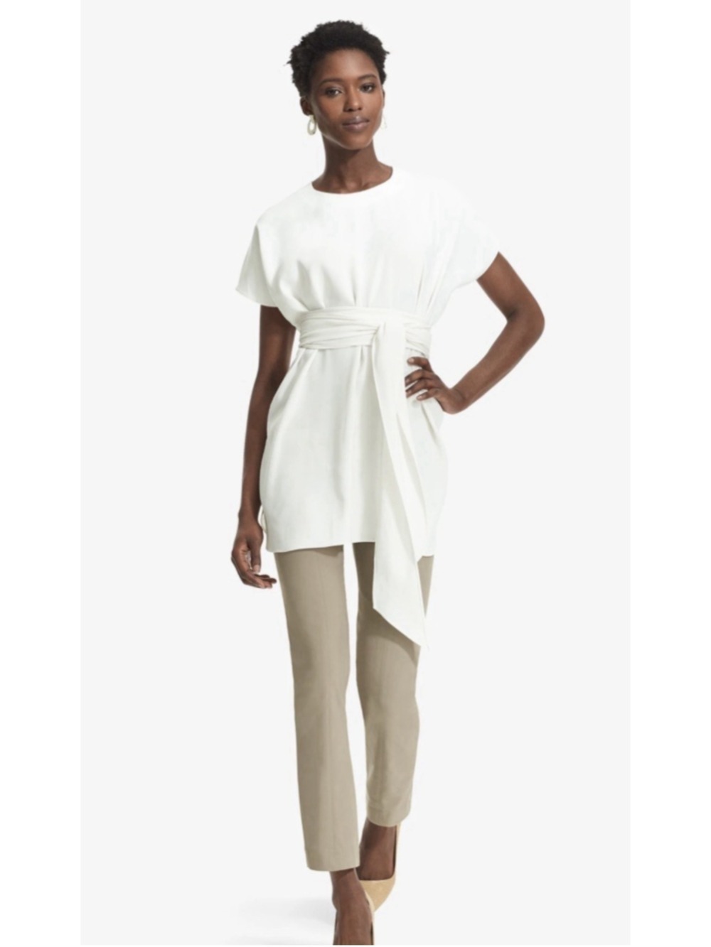 M.M. Lafleur Selena Tie Tunic Top Mini Dress White Women L Luxury Minimalist